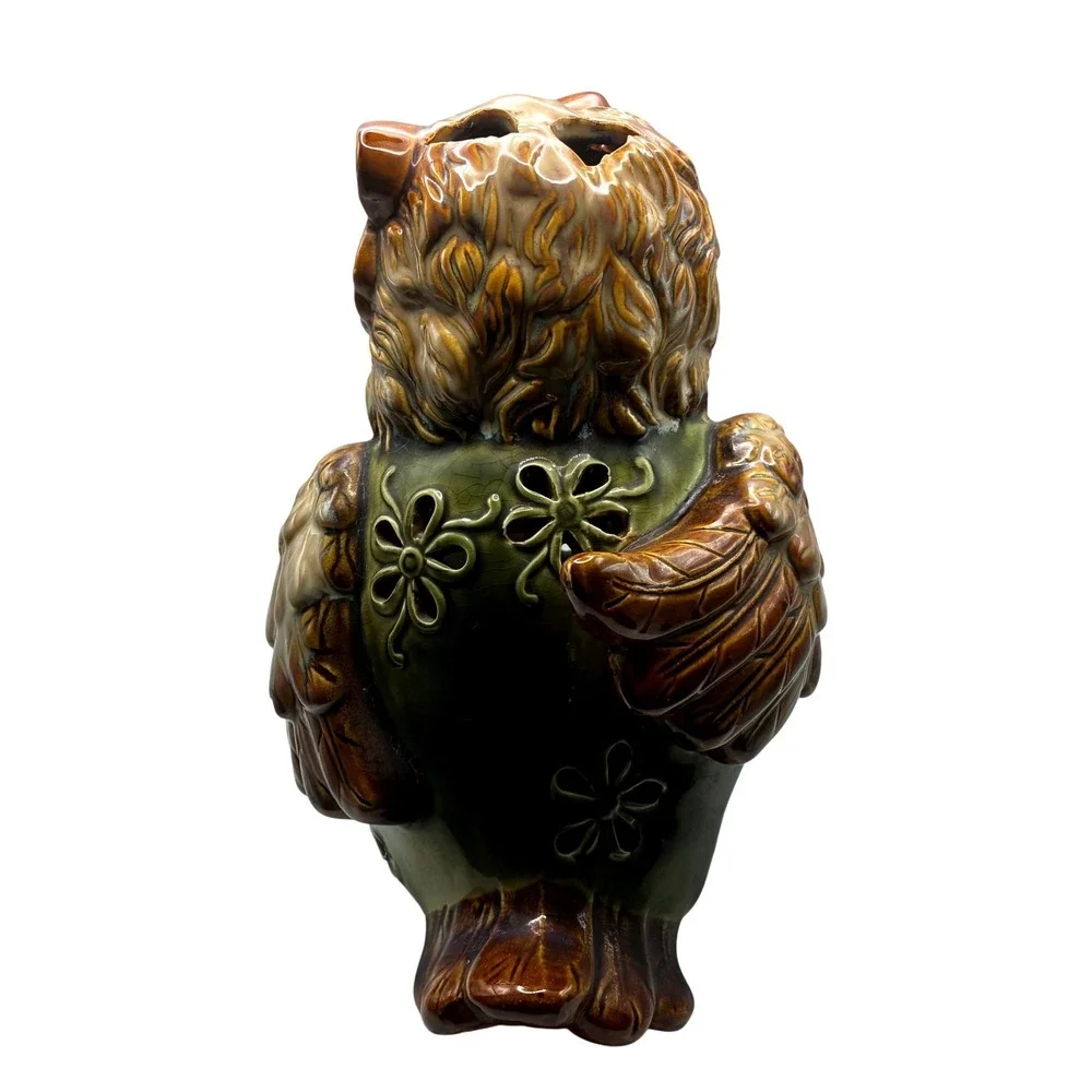 Vintage Owl Ceramic Candle Holder 9.5in Green Brown Butterfly Flower Luminary